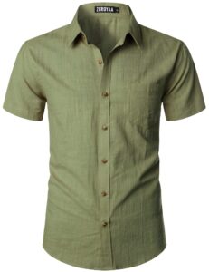 zeroyaa men's fitted cotton linen casual short sleeve button up shirts lightweight beach tops with pocket zlsc34-avocado green medium