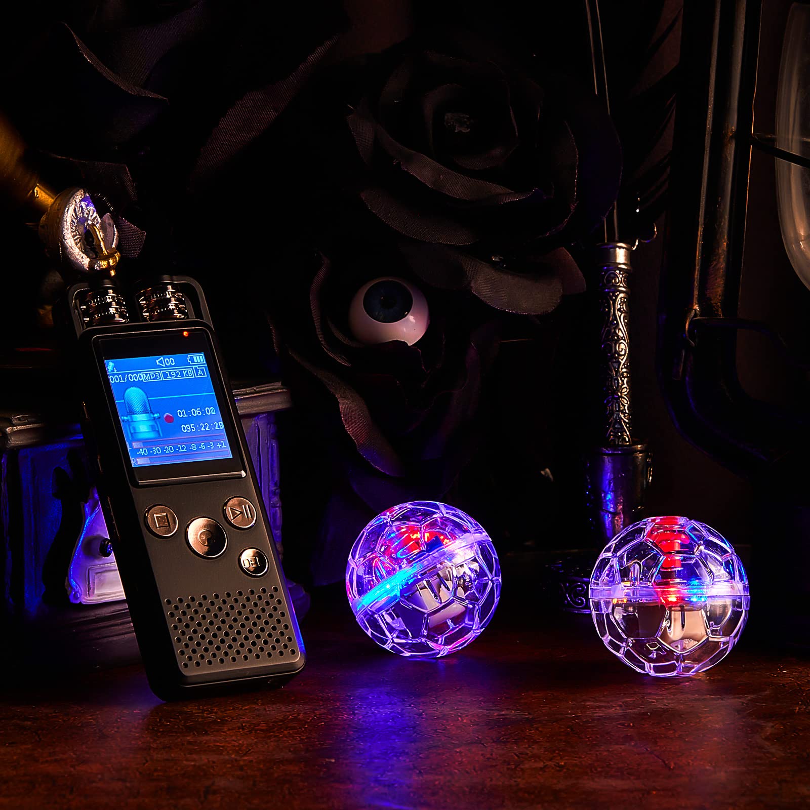 5 Pcs Ghost Hunting Kit Includes Digital Voice Recorders with 4 LED Cat Balls Motion Activated Cat Ball Toy Voice Activated Recorder with Playback for Pet Cat Dog Animals (8 GB,Chic Style)