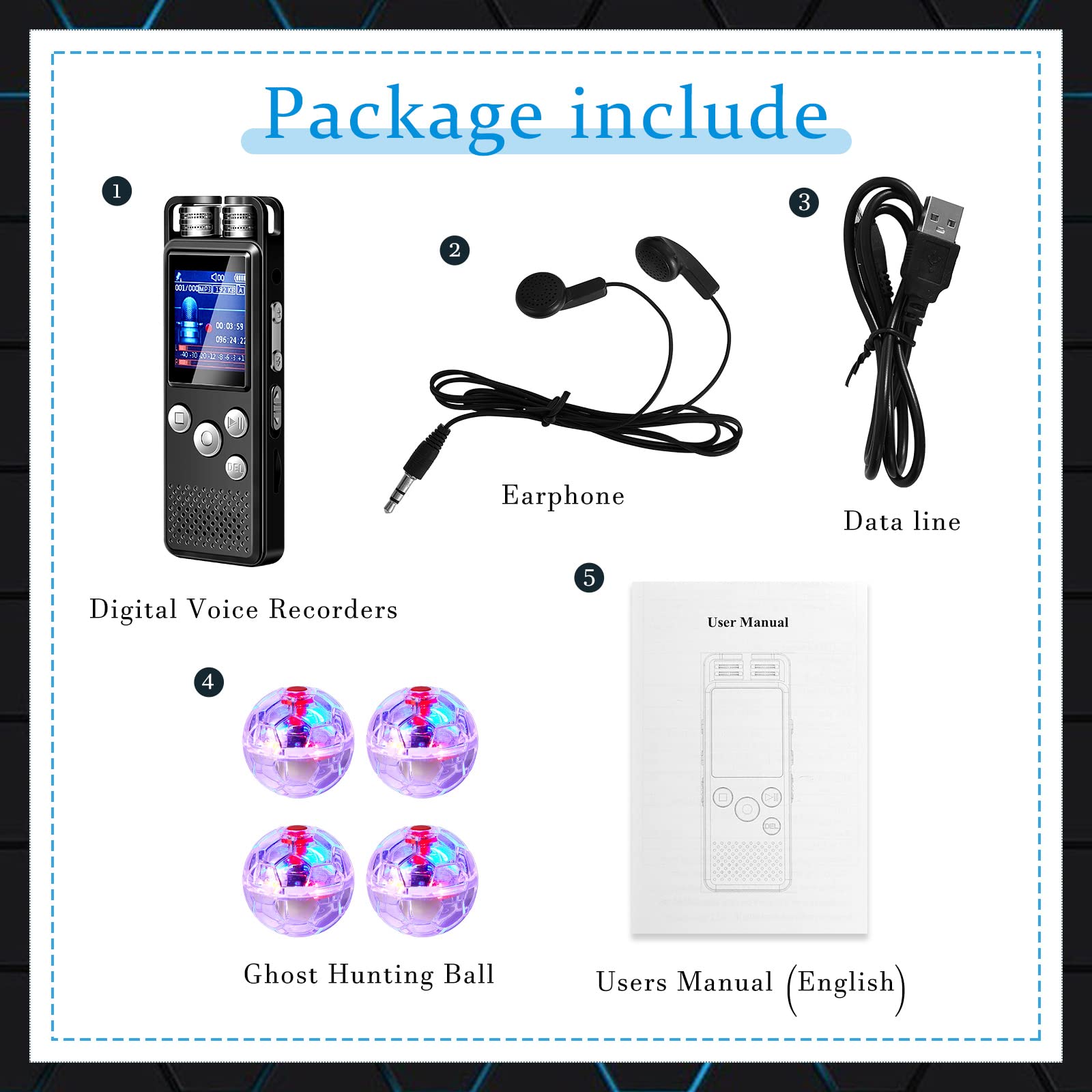 5 Pcs Ghost Hunting Kit Includes Digital Voice Recorders with 4 LED Cat Balls Motion Activated Cat Ball Toy Voice Activated Recorder with Playback for Pet Cat Dog Animals (8 GB,Chic Style)