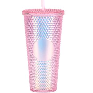 studded tumbler with straw tumblers with lids and straws pink tumbler with straw textured cup bpa-free double-wall plastic tumblers for iced coffee cold drinks or water 24 oz