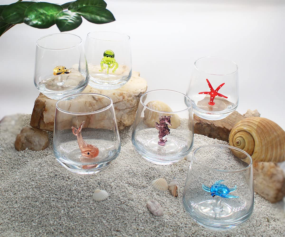 HeguSun 3D Drinking Glass Cup with Cute Animal Figurine Inside, Hand Blown Glass Ocean Life Animals Figures Inside Mug, Stemless Glass for Wine, Water, Milk, Beverages, 12oz(Ocean Animals)