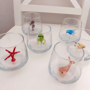 HeguSun 3D Drinking Glass Cup with Cute Animal Figurine Inside, Hand Blown Glass Ocean Life Animals Figures Inside Mug, Stemless Glass for Wine, Water, Milk, Beverages, 12oz(Ocean Animals)