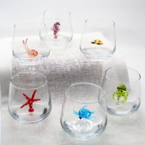 HeguSun 3D Drinking Glass Cup with Cute Animal Figurine Inside, Hand Blown Glass Ocean Life Animals Figures Inside Mug, Stemless Glass for Wine, Water, Milk, Beverages, 12oz(Ocean Animals)