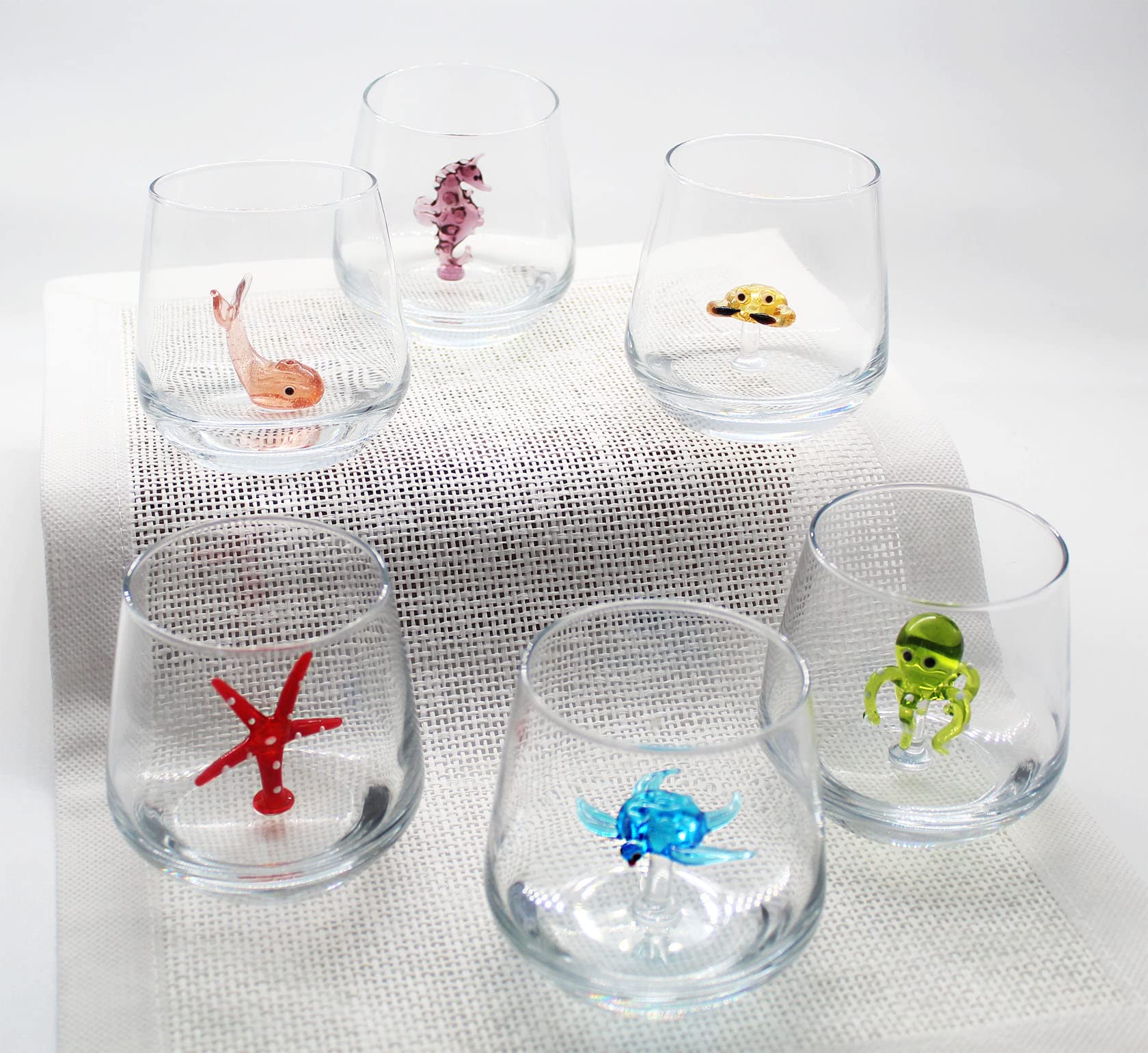 HeguSun 3D Drinking Glass Cup with Cute Animal Figurine Inside, Hand Blown Glass Ocean Life Animals Figures Inside Mug, Stemless Glass for Wine, Water, Milk, Beverages, 12oz(Ocean Animals)