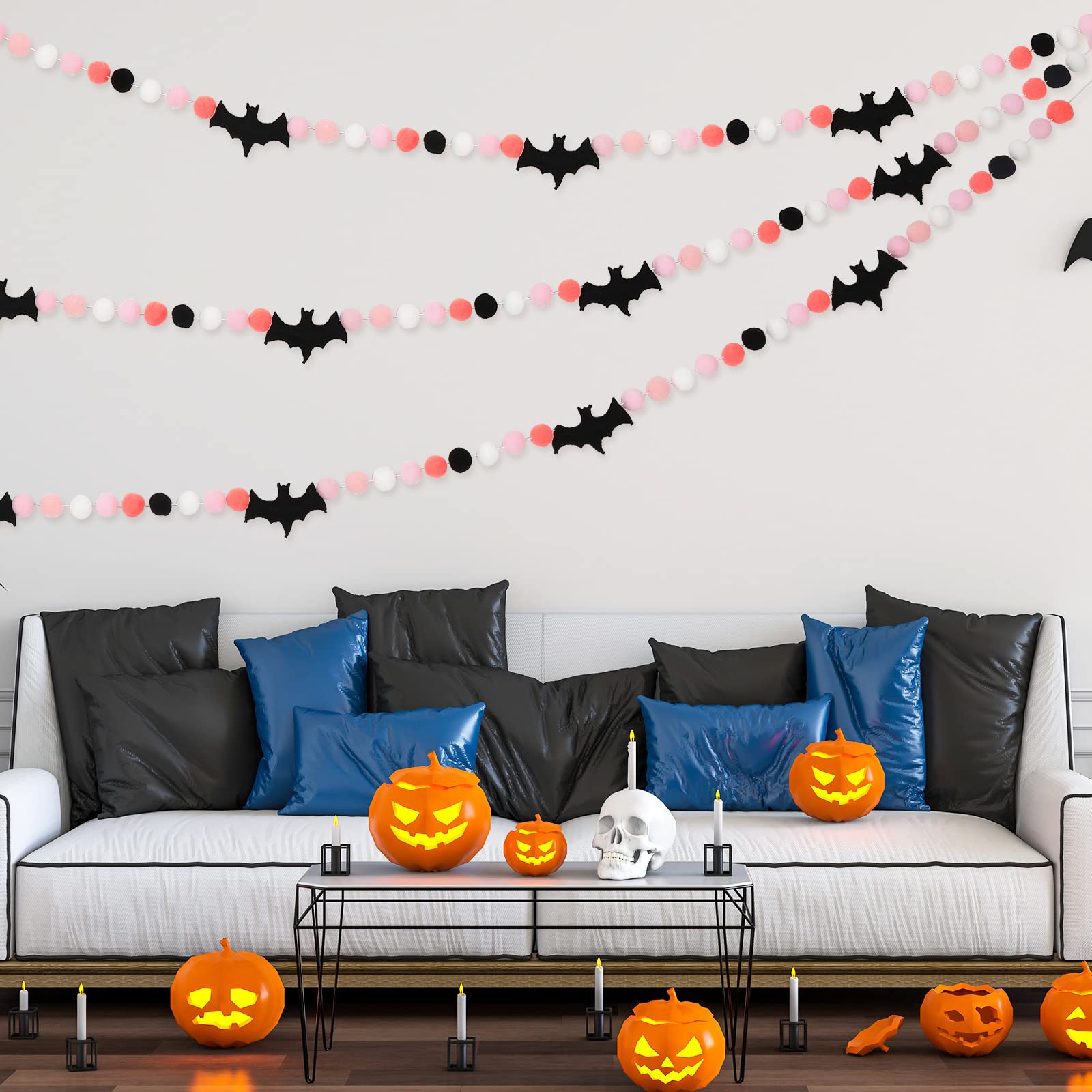 Whaline 8.2Ft Halloween Banner Felt Bats Balls Banner Black White Pink Decorative Pom Pom Banner Halloween Party Pom Garland for Halloween Haunted Houses Decoration Doorways Home Mantel Supplies