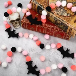 Whaline 8.2Ft Halloween Banner Felt Bats Balls Banner Black White Pink Decorative Pom Pom Banner Halloween Party Pom Garland for Halloween Haunted Houses Decoration Doorways Home Mantel Supplies