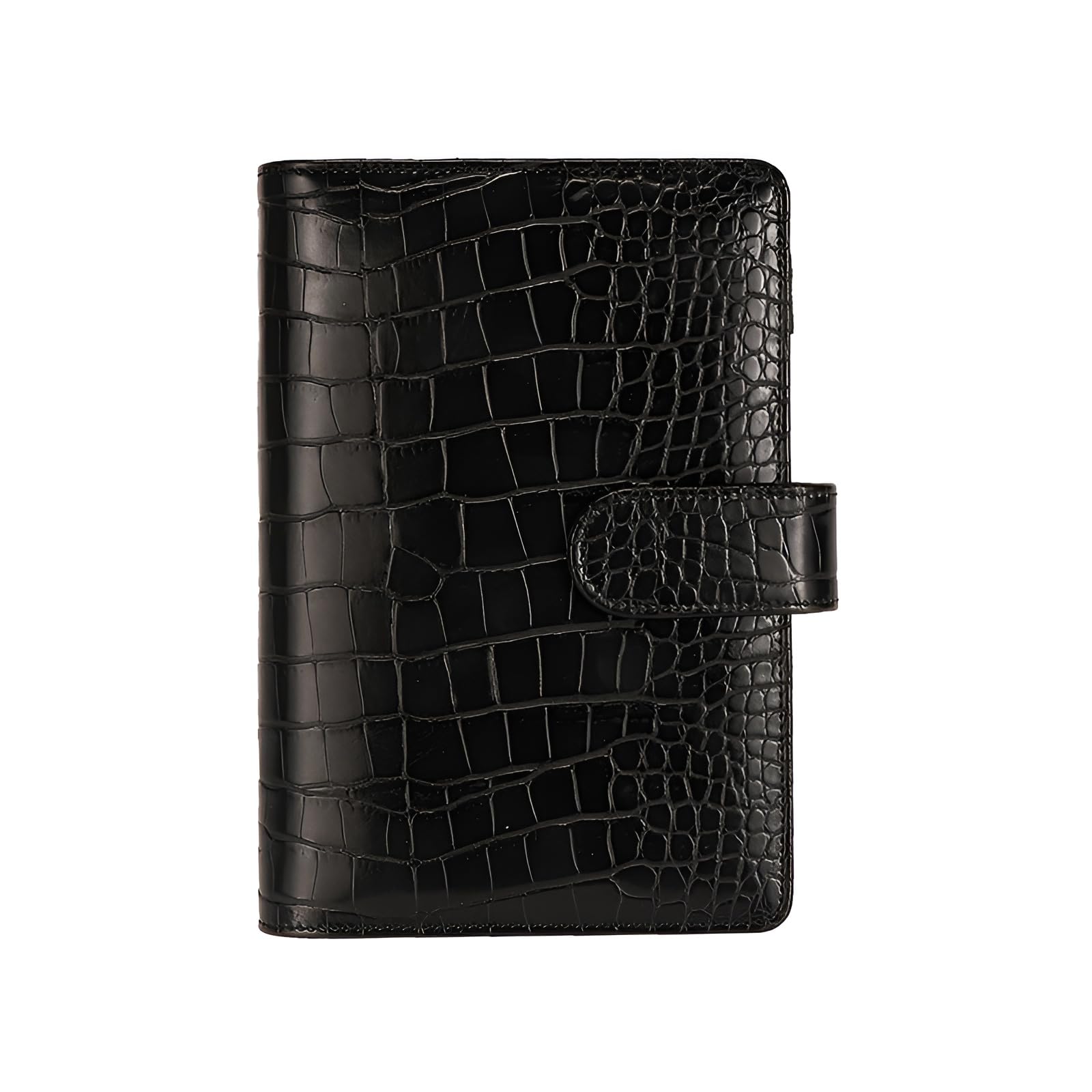 A6 6 Ring Budget Binder - Crocodile Pattern Leather Notebook Binder, Small Refillable Planner Cover with Magnetic Buckle, Black