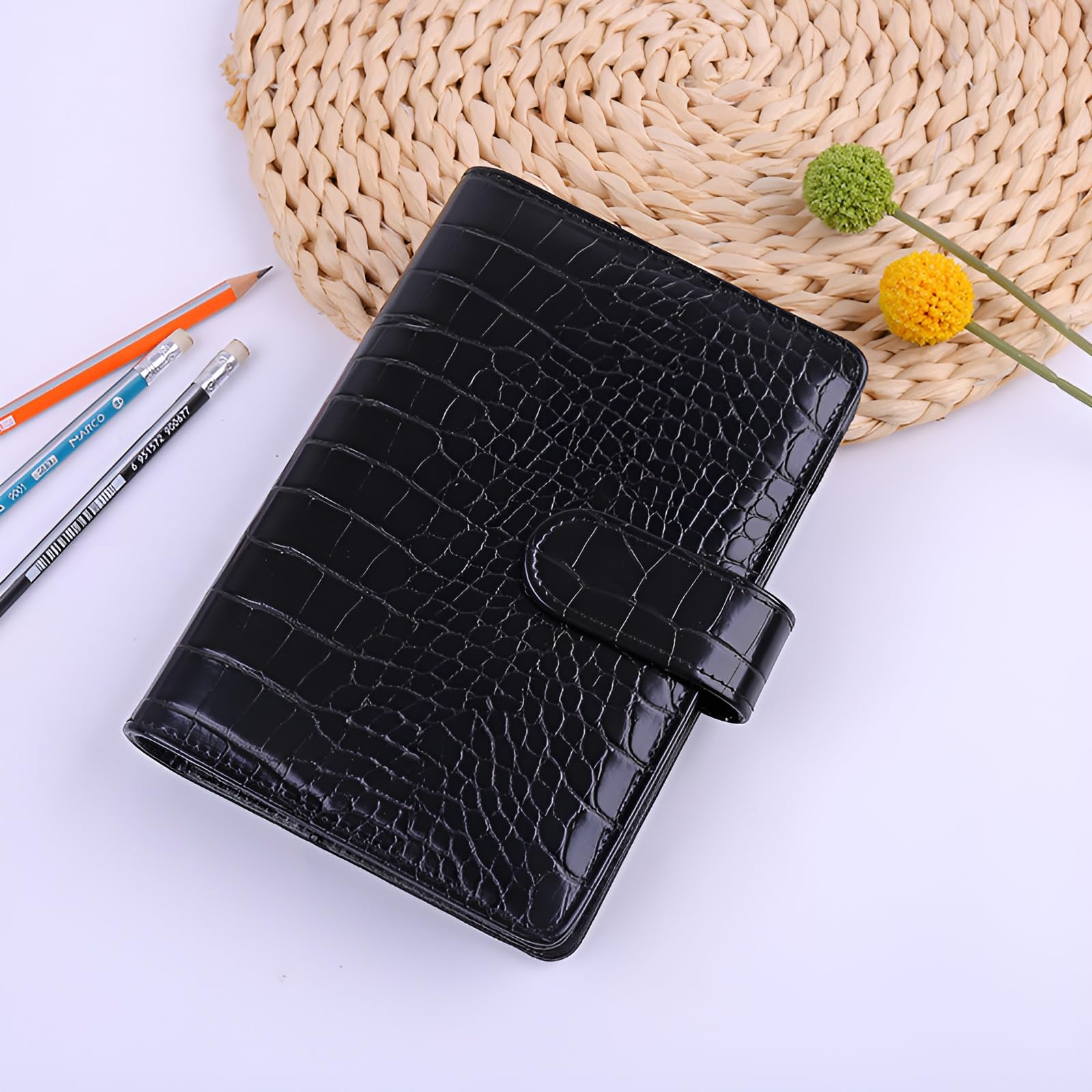 A6 6 Ring Budget Binder - Crocodile Pattern Leather Notebook Binder, Small Refillable Planner Cover with Magnetic Buckle, Black