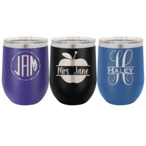 personalized monogram stemless 12 oz wine glass, birthday gift for her, appreciation for teacher, thank you, graduation gift for friend, laser engraved, vacuum insulated, stainless steel, includes lid