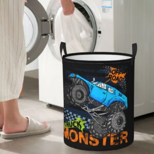 Gbuzozie Monster Truck Print Round Laundry Hamper Storage Basket Toys Clothes Organizer Bin For Home Bathroom Bedroom Dorm Nursery, 62l