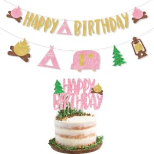 camping birthday party decorations girl - glitter pink happy birthday banner, camping theme banner garland, pink glitter happy birthday cake topper for girl camping party decorations