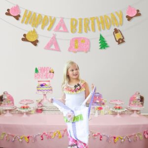 Camping Birthday Party Decorations Girl - Glitter Pink Happy Birthday Banner, Camping Theme Banner Garland, Pink Glitter Happy Birthday Cake Topper for Girl Camping Party Decorations