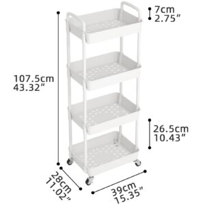 JIUYOTREE 4-Tier Rolling Storage Cart Utility Cart with Lockable Wheels for Living Room Bathroom Kitchen Office White