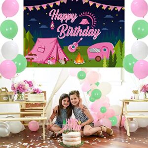 Girl Camping Party Decorations - Pink Camping Party Decorations with Happy Birthday Camping Backdrop, Cake Topper, Banner Garland, Cupcake Topper for Camping Themed Birthday Party Supplies