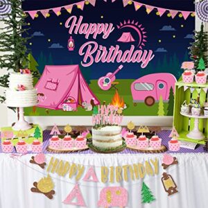 Girl Camping Party Decorations - Pink Camping Party Decorations with Happy Birthday Camping Backdrop, Cake Topper, Banner Garland, Cupcake Topper for Camping Themed Birthday Party Supplies