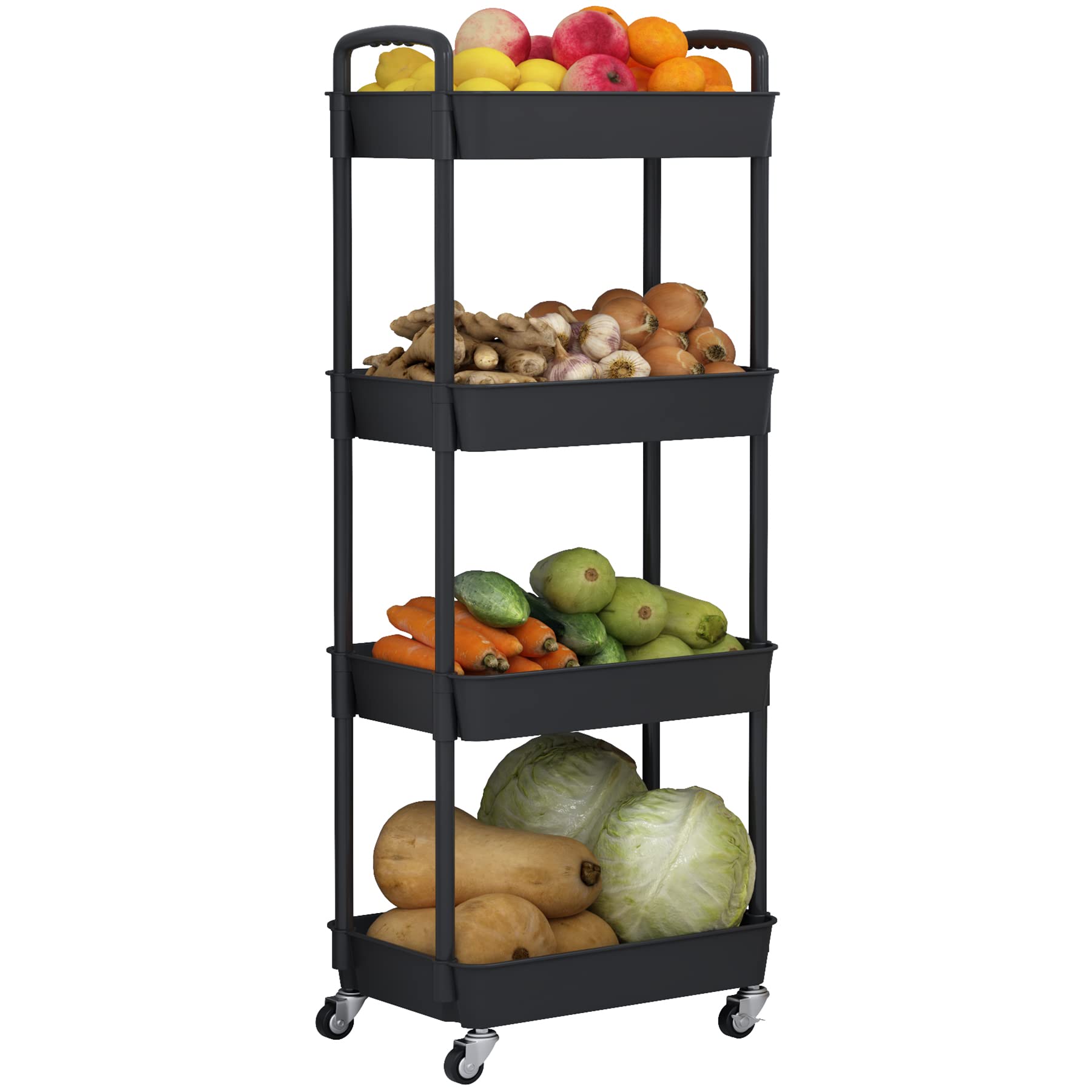 JIUYOTREE 4-Tier Rolling Storage Cart Utility Cart with Lockable Wheels for Living Room Bathroom Kitchen Office Black