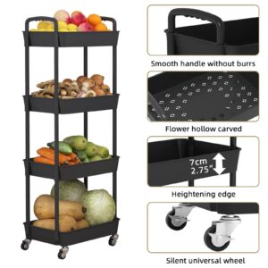 JIUYOTREE 4-Tier Rolling Storage Cart Utility Cart with Lockable Wheels for Living Room Bathroom Kitchen Office Black