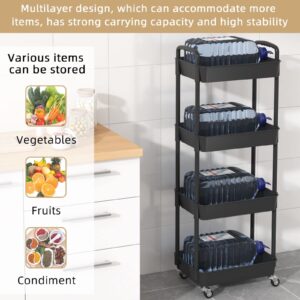 JIUYOTREE 4-Tier Rolling Storage Cart Utility Cart with Lockable Wheels for Living Room Bathroom Kitchen Office Black