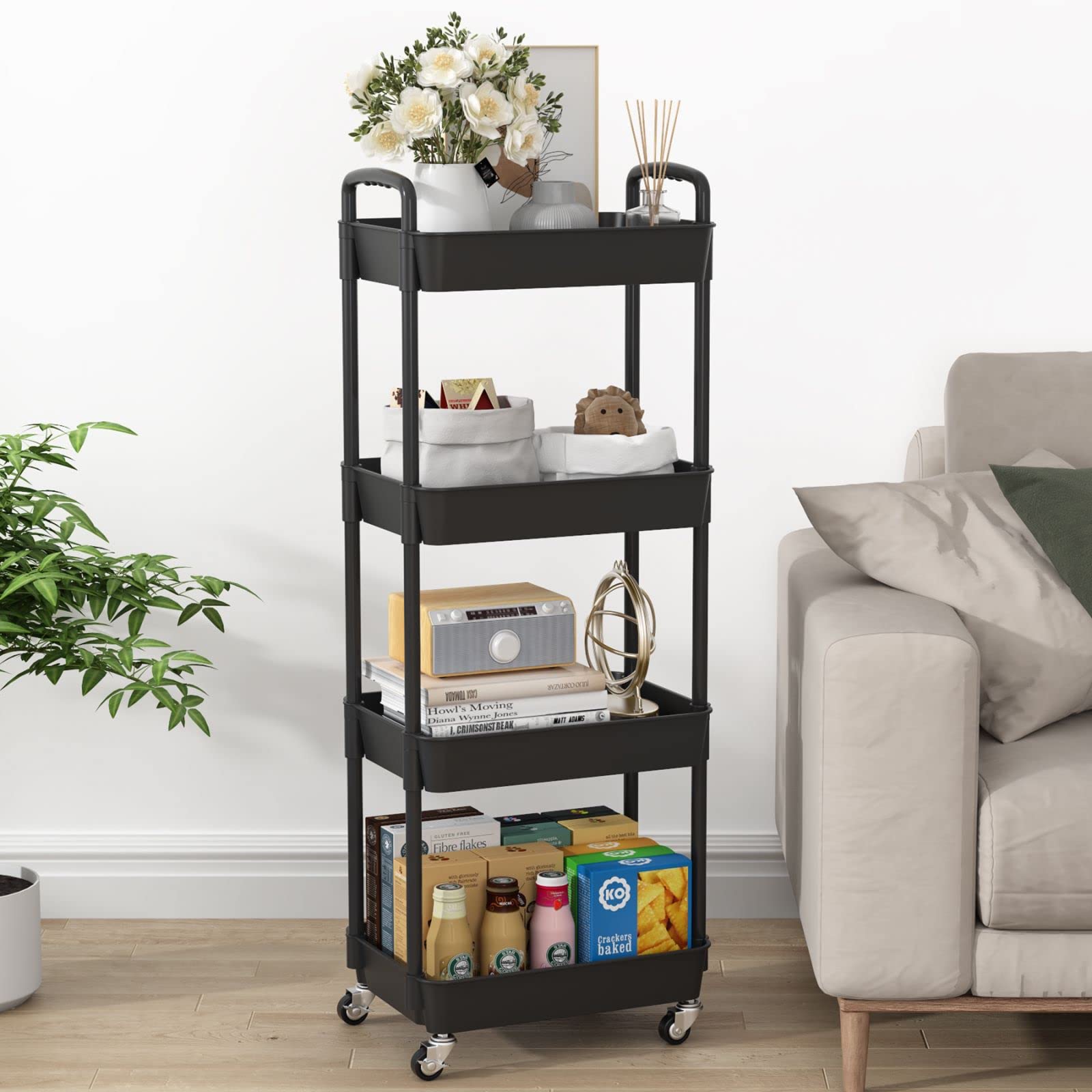 JIUYOTREE 4-Tier Rolling Storage Cart Utility Cart with Lockable Wheels for Living Room Bathroom Kitchen Office Black