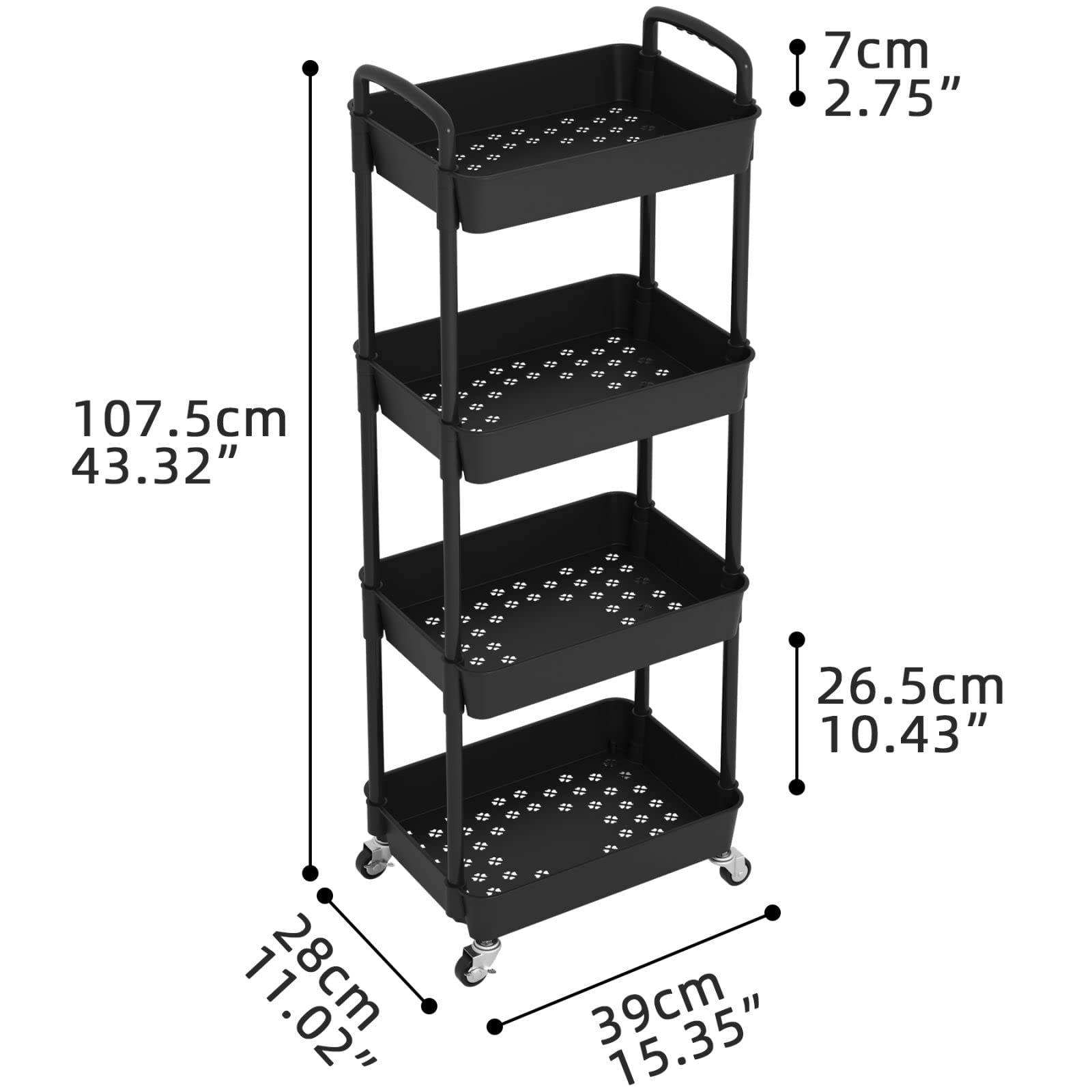 JIUYOTREE 4-Tier Rolling Storage Cart Utility Cart with Lockable Wheels for Living Room Bathroom Kitchen Office Black