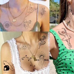 Shegazzi 28 Sheets 220+ Minimalism Temporary Tattoos - Moon, Sun, Stars, Snakes, Flowers for Women, Men, Adults, Kids