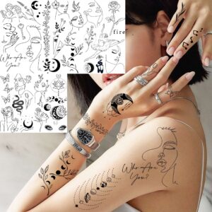 Shegazzi 28 Sheets 220+ Minimalism Temporary Tattoos - Moon, Sun, Stars, Snakes, Flowers for Women, Men, Adults, Kids