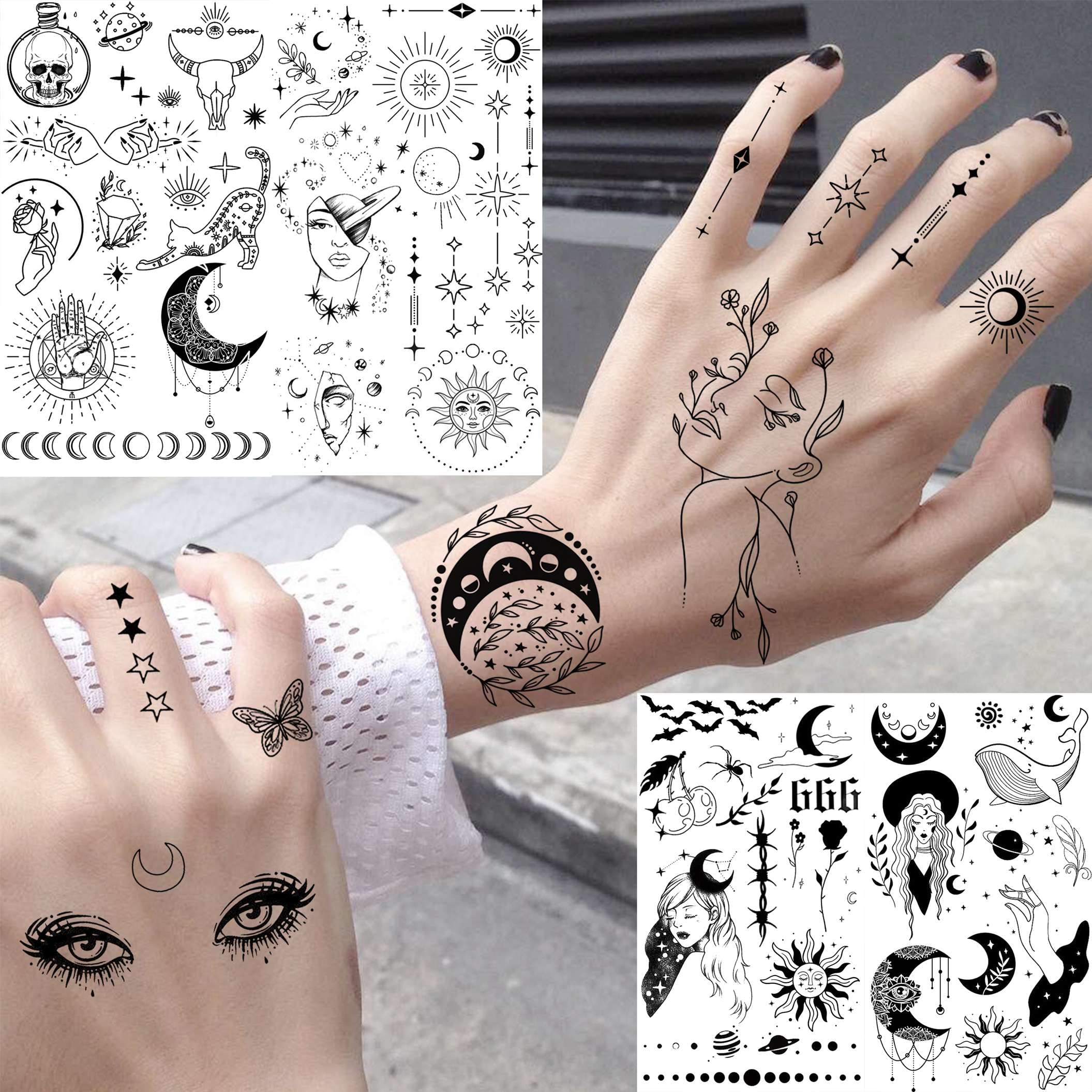 Shegazzi 28 Sheets 220+ Minimalism Temporary Tattoos - Moon, Sun, Stars, Snakes, Flowers for Women, Men, Adults, Kids