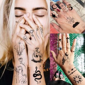 Shegazzi 28 Sheets 220+ Minimalism Temporary Tattoos - Moon, Sun, Stars, Snakes, Flowers for Women, Men, Adults, Kids