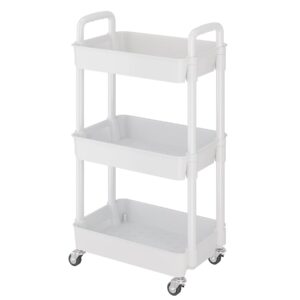 Buzowruil 3-Tier Utility Rolling Plastic Storage Cart Trolley with Lockable Wheels,Multifunctional Storage Shelves for Kitchen Living Room Office,White