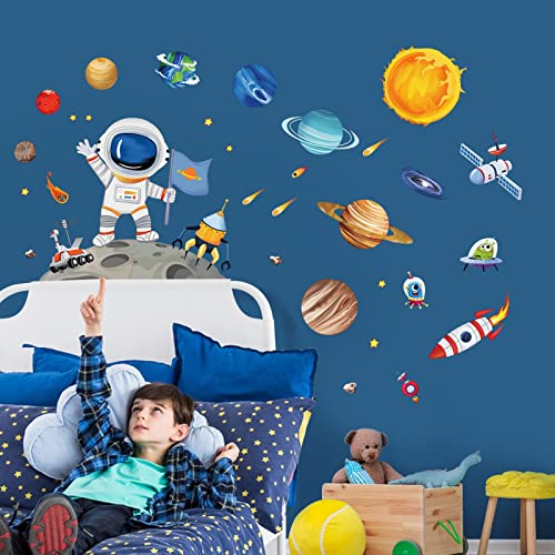 wondever Outer Space Astronaut Wall Stickers Planets Rocket Peel and Stick Wall Art Decals for Baby Nursery Kids Bedroom Playroom