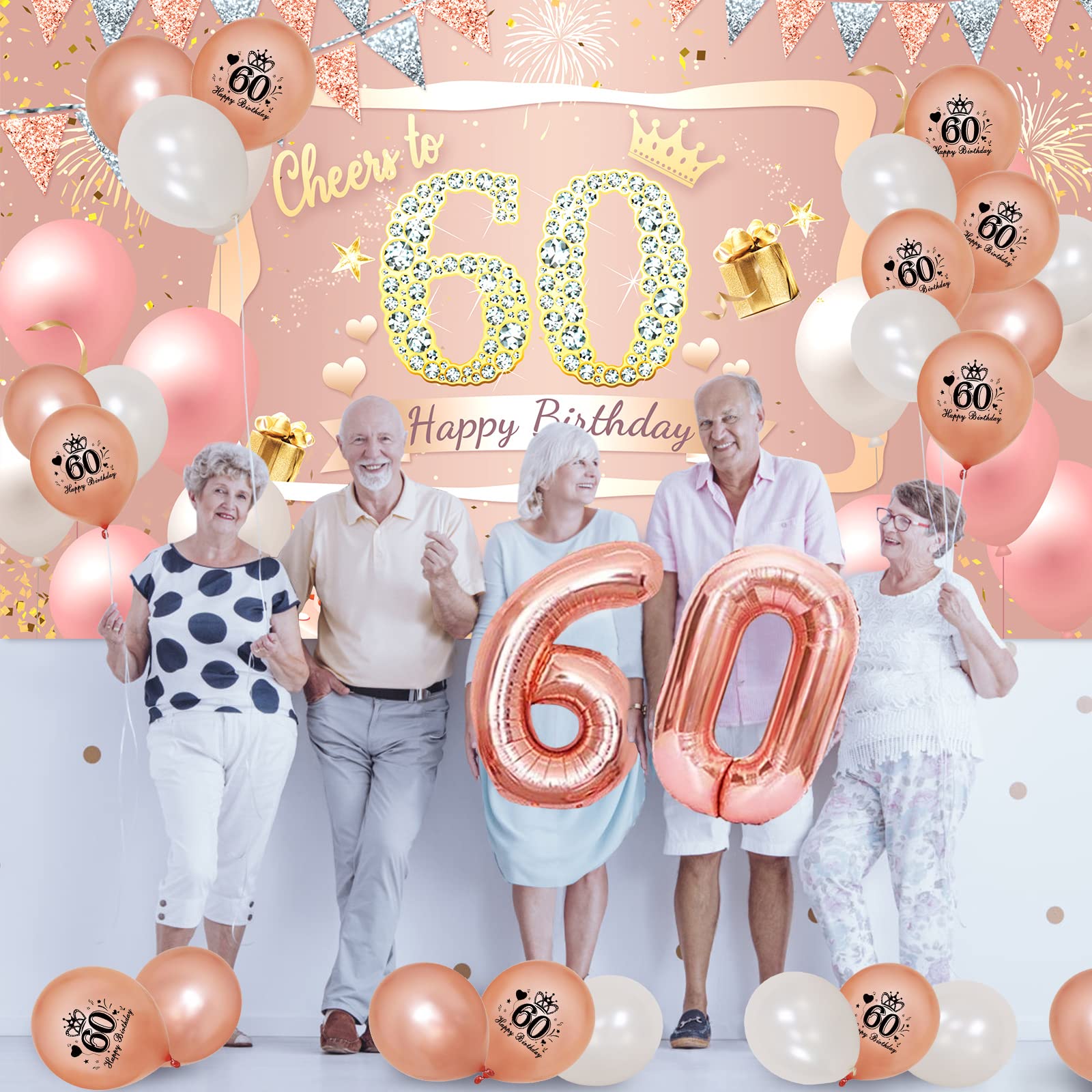60th Birthday Decorations Women, Including Pink Rose Gold 60th Birthday Banner Backdrop Decor, Number 60th Birthday Balloon, 70 Pieces Rose Gold Balloon Arch Garland Kit for 60th Birthday