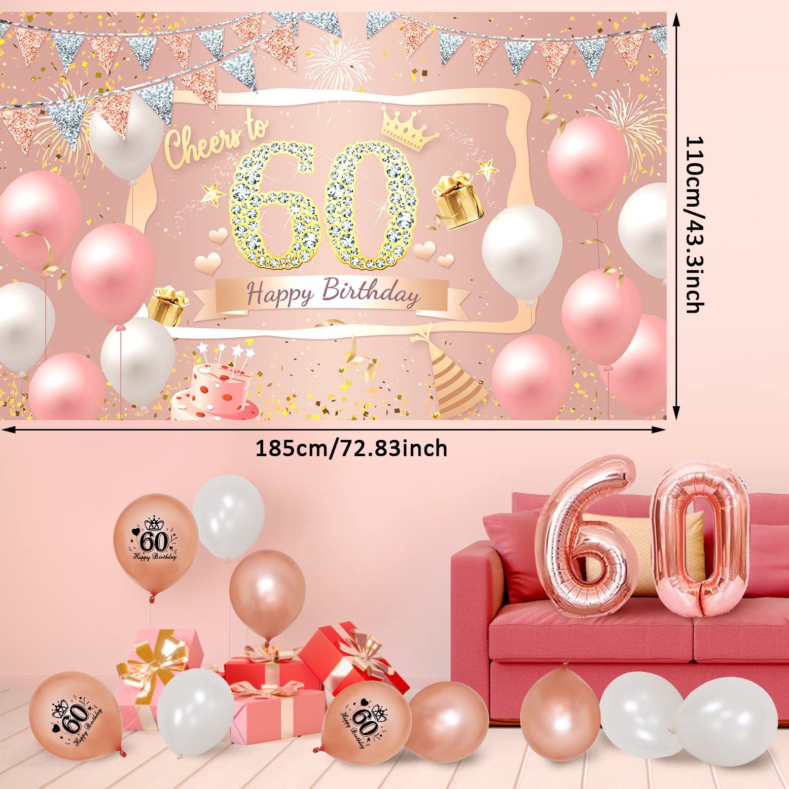 60th Birthday Decorations Women, Including Pink Rose Gold 60th Birthday Banner Backdrop Decor, Number 60th Birthday Balloon, 70 Pieces Rose Gold Balloon Arch Garland Kit for 60th Birthday