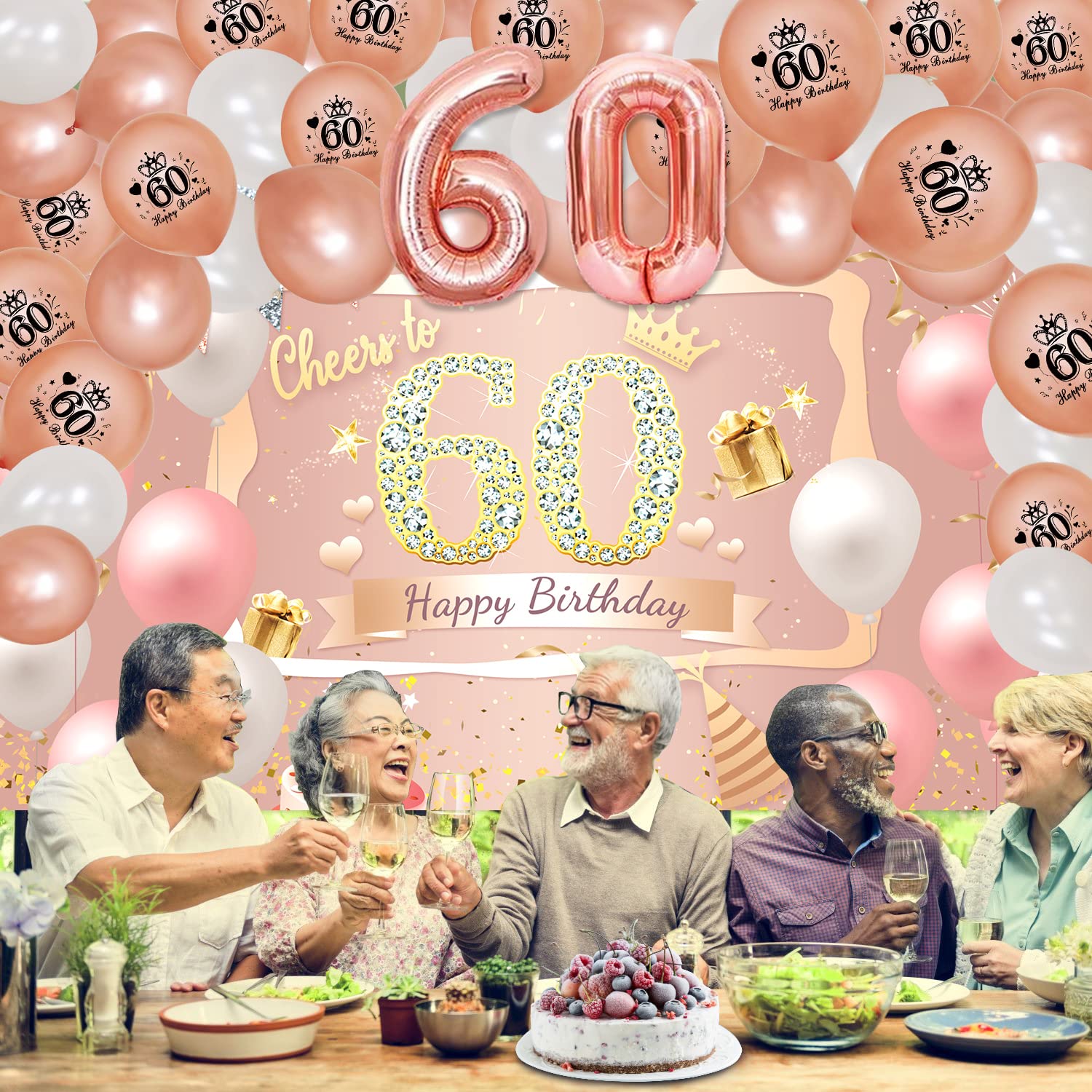 60th Birthday Decorations Women, Including Pink Rose Gold 60th Birthday Banner Backdrop Decor, Number 60th Birthday Balloon, 70 Pieces Rose Gold Balloon Arch Garland Kit for 60th Birthday