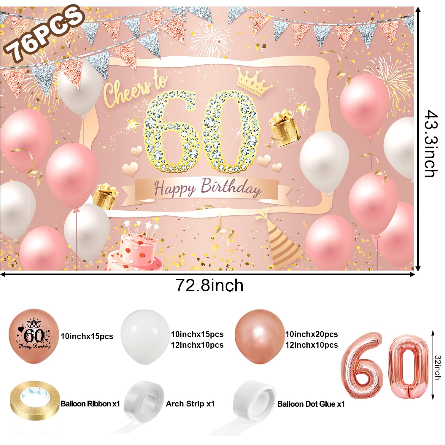 60th Birthday Decorations Women, Including Pink Rose Gold 60th Birthday Banner Backdrop Decor, Number 60th Birthday Balloon, 70 Pieces Rose Gold Balloon Arch Garland Kit for 60th Birthday