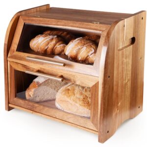 arise stylish acacia bread box for kitchen countertop, extra large 2-shelf wooden bread storage container with clear windows and air vents keep bread, bagels and rolls fresh, self assembly