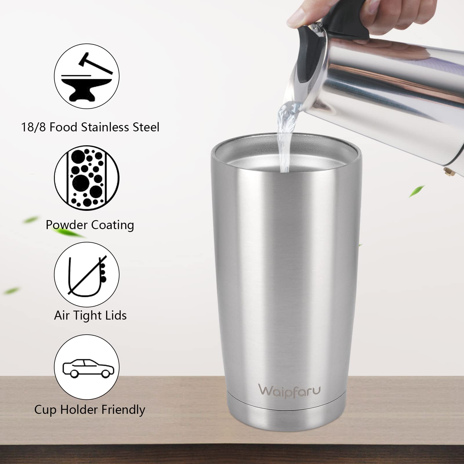 Waipfaru 20 oz Tumbler, Insulated Tumblers with Lid and Straw, Double Wall Durable Travel Coffee Mug, Stainless Steel Vacuum Tumbler, Splash-Proof Powder Coated mug for Cold & Hot Drinks (Stainless)