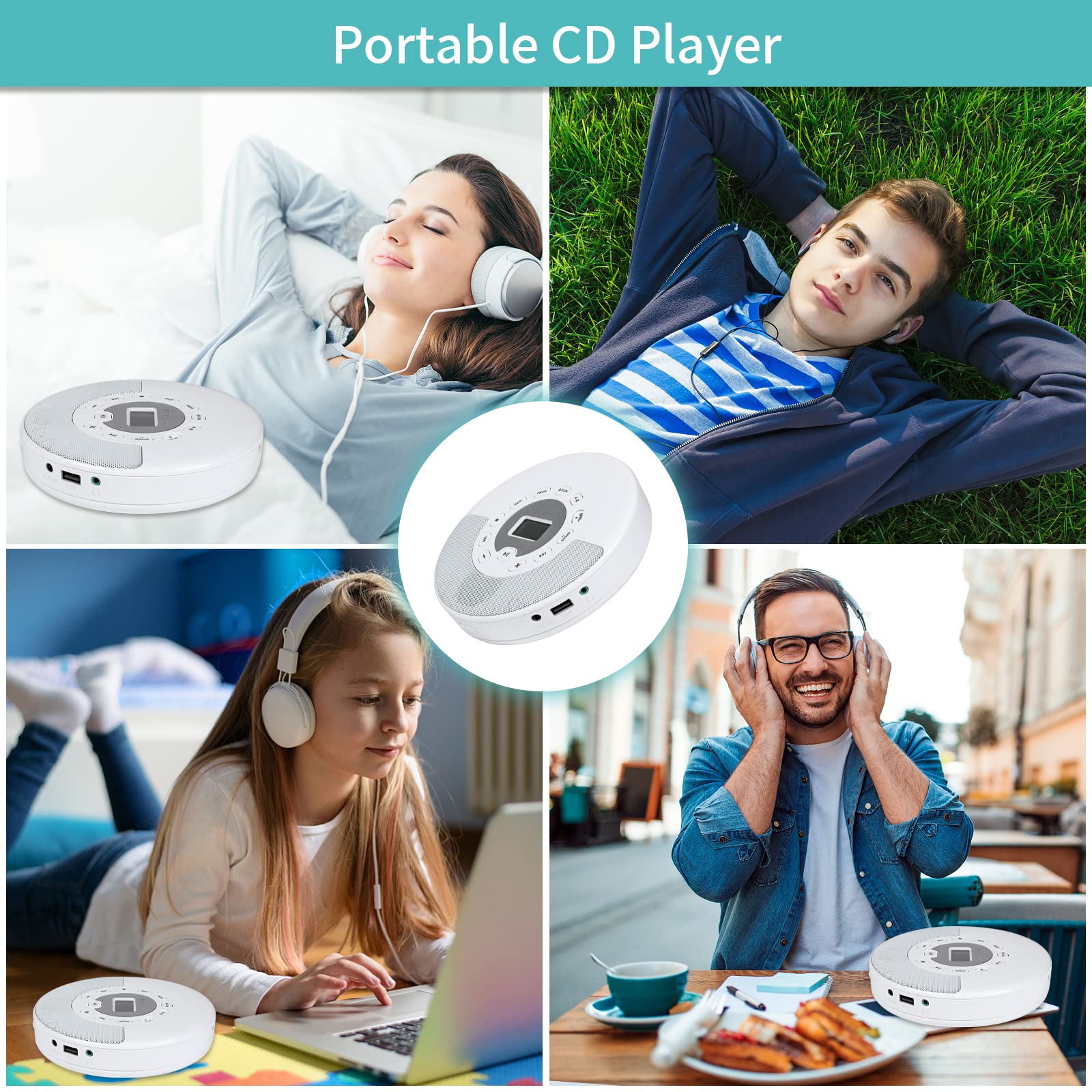 CD Player Portable with Bluetooth - Rechargeable Personal CD Player with Stereo Speakers,Anti-Skip Walkman CD Music Player for Car/Travel with Headphones and AUX Cable,Support CD USB AUX Input