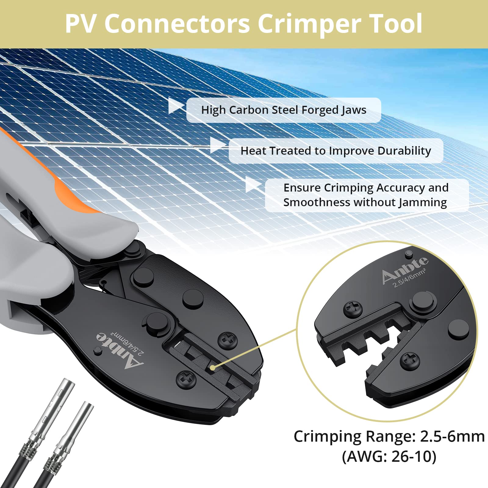 Anbte Solar Crimping Tool, Solar Crimper Wire PV Crimping Tool for 14-10AWG 2.5-6mm² Solar Panel Cables, 6 Pair Male Female Connectors 1 Pair Wrench, for Solar Photovoltaic System PV system