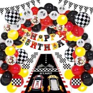 124 pcs race car birthday party supplies, race car balloon garland kit with racetrack checked flags happy birthday banner black and white pennant banner for race car party decorations
