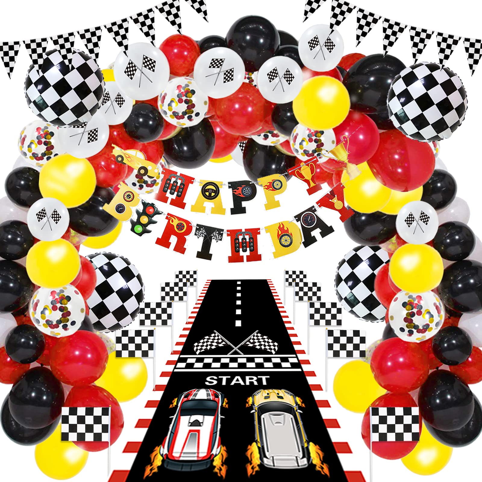 124 Pcs Race Car Birthday Party Supplies, Race Car Balloon Garland Kit with Racetrack Checked Flags HAPPY BIRTHDAY Banner Black and White Pennant Banner for Race Car Party Decorations