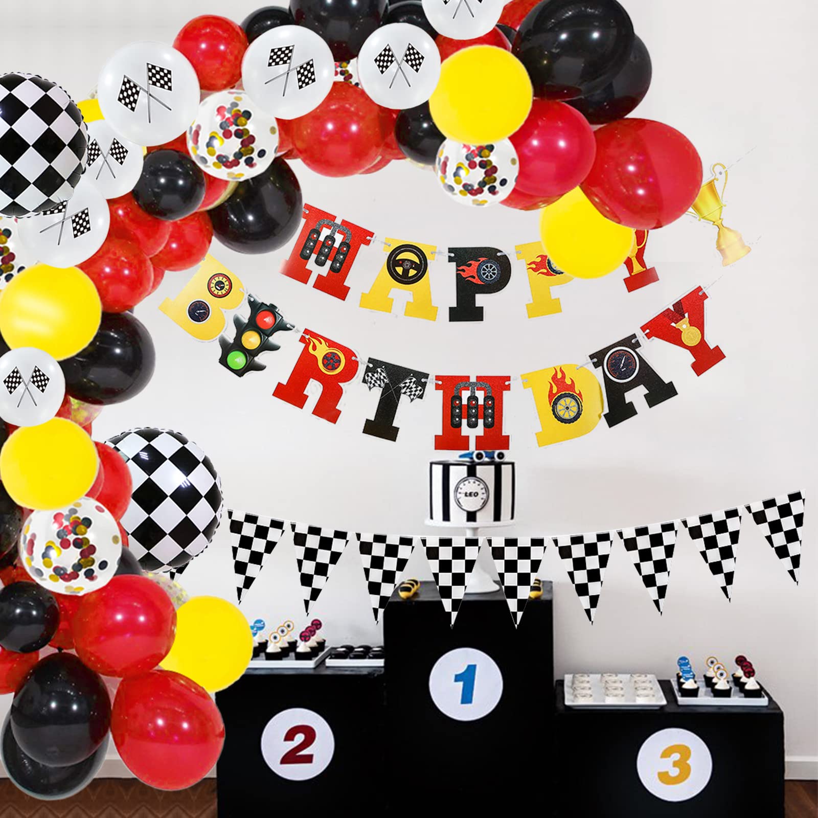 124 Pcs Race Car Birthday Party Supplies, Race Car Balloon Garland Kit with Racetrack Checked Flags HAPPY BIRTHDAY Banner Black and White Pennant Banner for Race Car Party Decorations