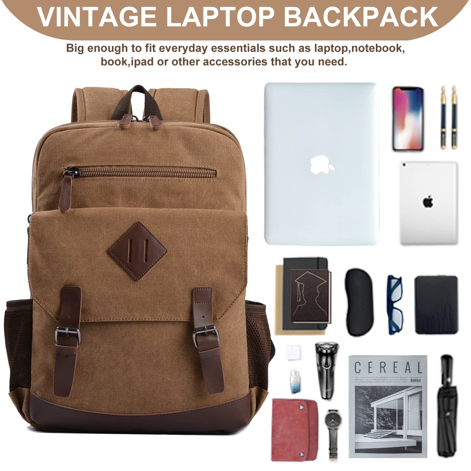 Canvas Vintage Laptop Backpack for Women Men, College Bookbag Fits 15.6 Inch Laptop (Coffee)