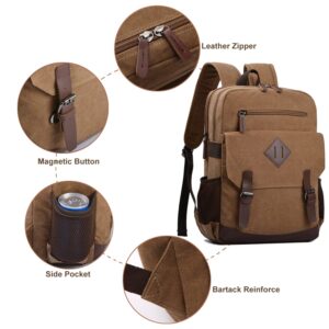 Canvas Vintage Laptop Backpack for Women Men, College Bookbag Fits 15.6 Inch Laptop (Coffee)