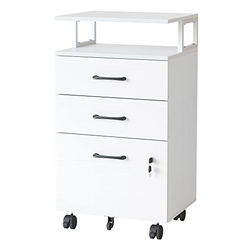 FEZIBO File Cabinet with Lock for Home Office, 3-Drawer Rolling Filing Cabinet, Home Office File Cabinet for A4/Letter/Legal Size, Printer Stand, Wooden Storage Cabinet, White