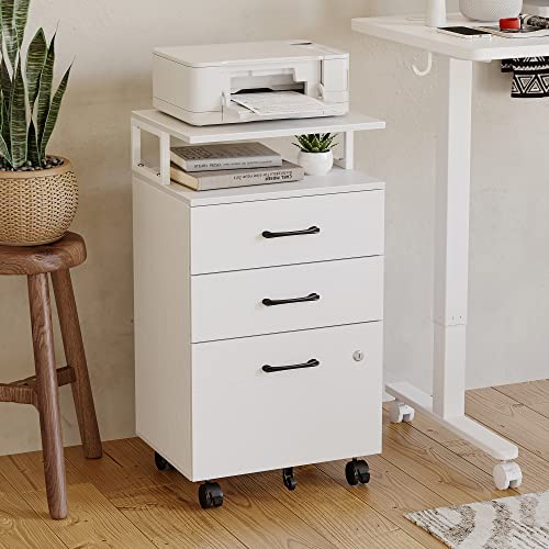 FEZIBO File Cabinet with Lock for Home Office, 3-Drawer Rolling Filing Cabinet, Home Office File Cabinet for A4/Letter/Legal Size, Printer Stand, Wooden Storage Cabinet, White