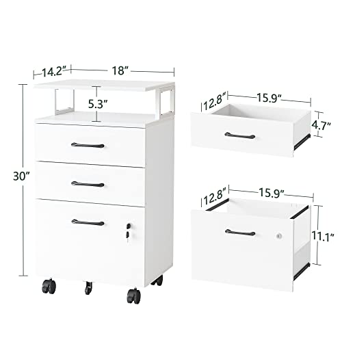 FEZIBO File Cabinet with Lock for Home Office, 3-Drawer Rolling Filing Cabinet, Home Office File Cabinet for A4/Letter/Legal Size, Printer Stand, Wooden Storage Cabinet, White