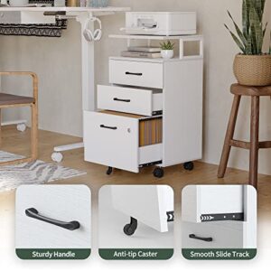 FEZIBO File Cabinet with Lock for Home Office, 3-Drawer Rolling Filing Cabinet, Home Office File Cabinet for A4/Letter/Legal Size, Printer Stand, Wooden Storage Cabinet, White