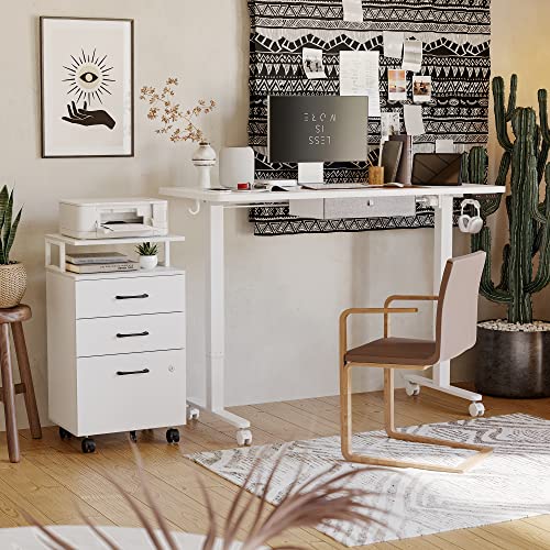 FEZIBO File Cabinet with Lock for Home Office, 3-Drawer Rolling Filing Cabinet, Home Office File Cabinet for A4/Letter/Legal Size, Printer Stand, Wooden Storage Cabinet, White