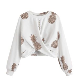 SOLY HUX Girl's Long Sleeve Twist Front Sweatshirt Pineapple Print Pullover Crop Tops White 11-12Y