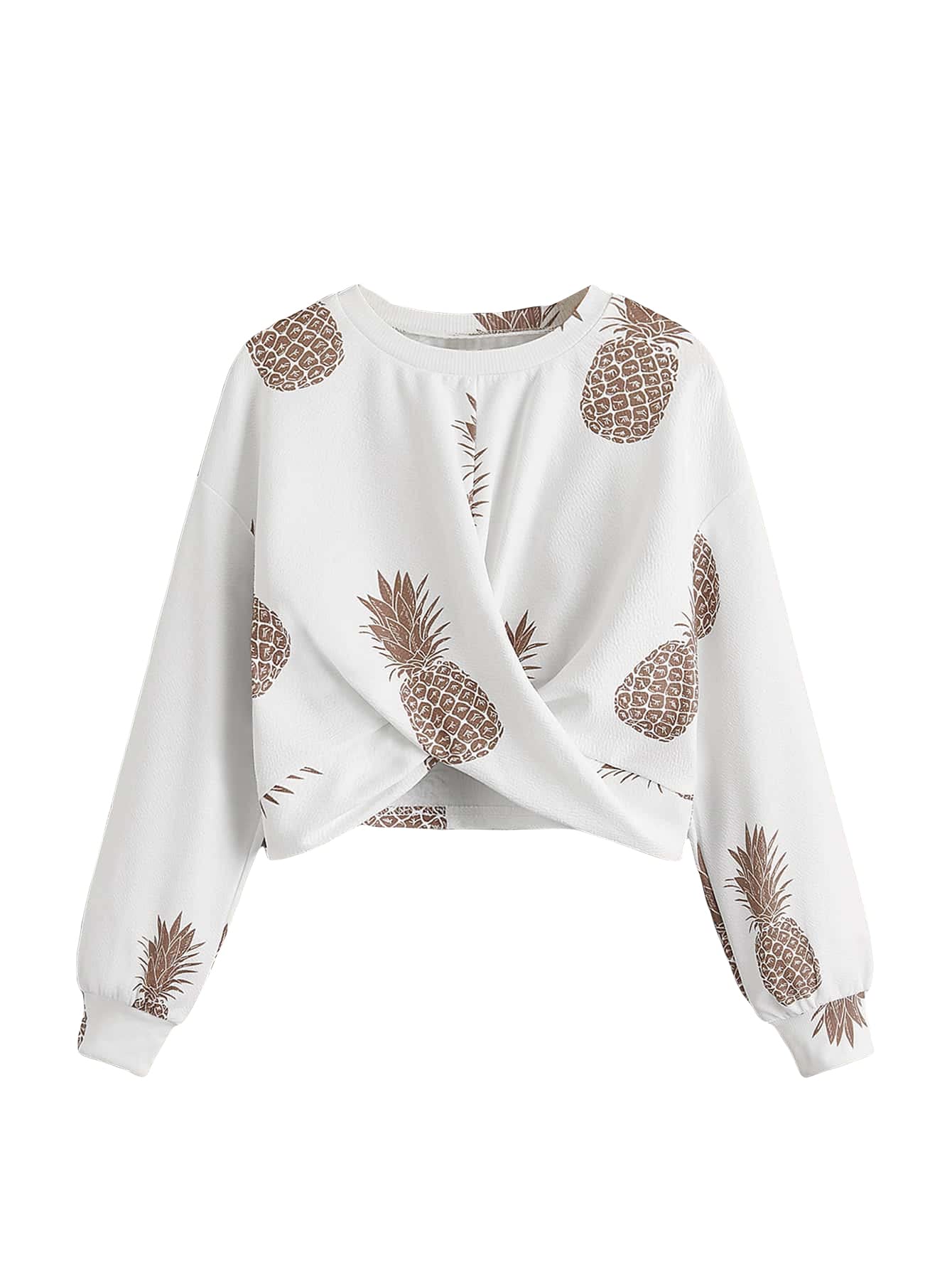 SOLY HUX Girl's Long Sleeve Twist Front Sweatshirt Pineapple Print Pullover Crop Tops White 11-12Y